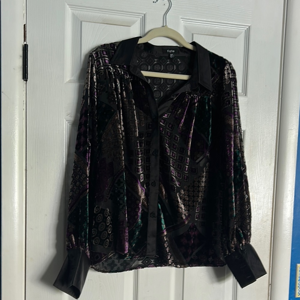 Fate Brand - Semi Sheer Velvet Black/Purple/Green Oversized Graphic Blouse